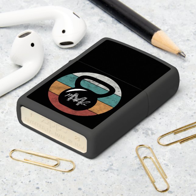 Vintage kettlebell custom monogram name initial zippo lighter (On Table 2)