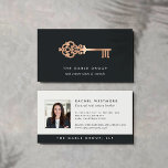 Vintage Key | Copper | Photo Real Estate Business Card<br><div class="desc">Elegant business cards for real estate agents or realtors feature a vintage skeleton key illustration in faux copper foil with your name or business name beneath. Add your full contact details to the reverse side in soft off-black on a white background,  along with a photo.</div>
