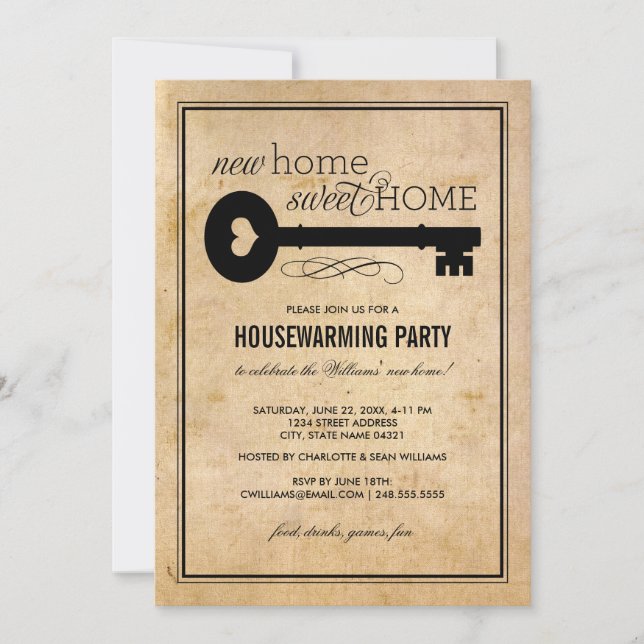 Vintage Key New Home Sweet Home Housewarming Invitation (Front)
