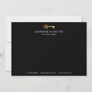 Vintage Key Personalized Chic Black & Gold Realtor Note Card