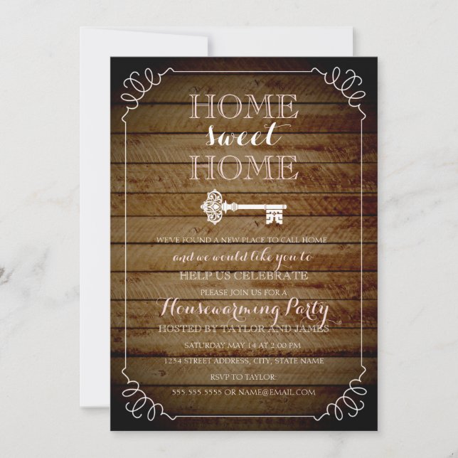 Vintage Key Wood Look Housewarming Invite (Front)