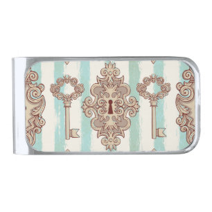 Vintage keys, locks: freehand pattern. silver finish money clip