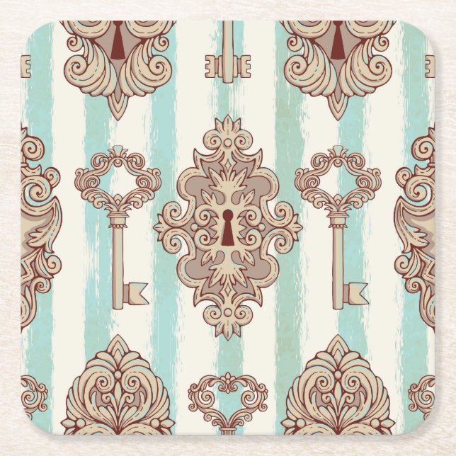 Vintage keys, locks: freehand pattern. square paper coaster (Front)