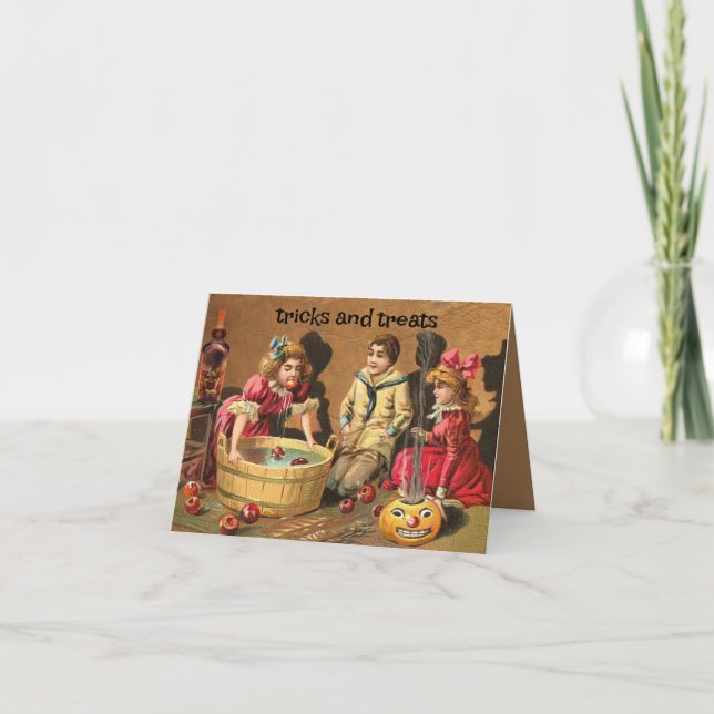 Vintage kids bobbing for apples Halloween Card (Front)