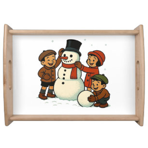 Vintage kids building snowman serving tray
