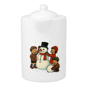 Vintage kids building snowman teapot