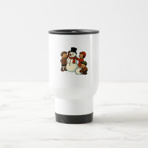 Vintage kids building snowman travel mug