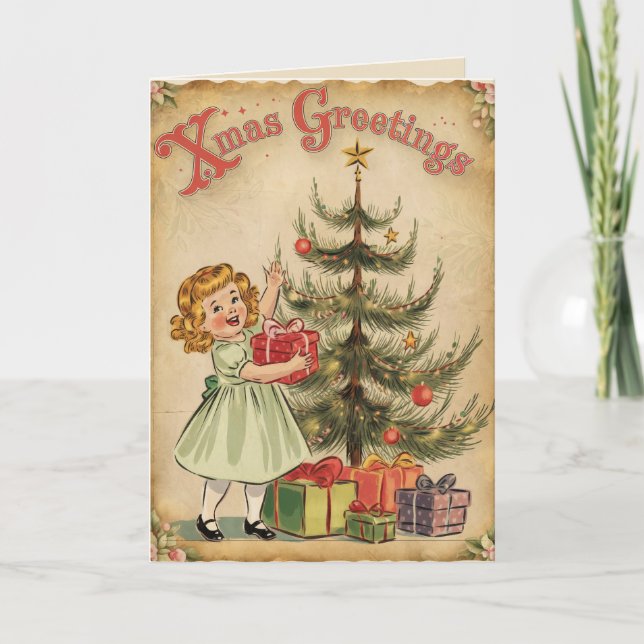 Vintage kids Christmas tree presents Holiday Card (Front)
