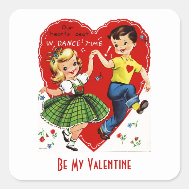 Vintage Kids Dancing Valentine Square Sticker (Front)
