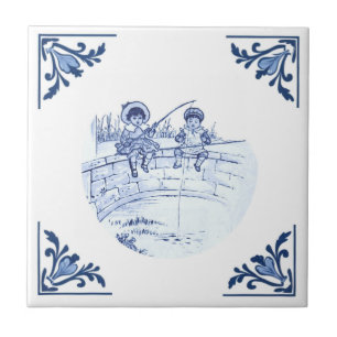 Vintage Kids Fishing on Bridge Delft Blue & White Ceramic Tile