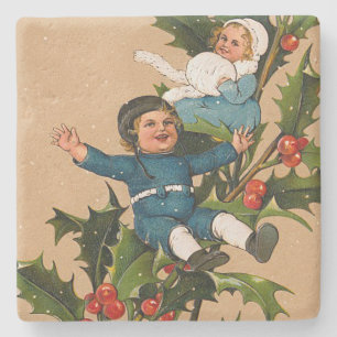 Vintage Kids on Christmas Holly Stone Coaster
