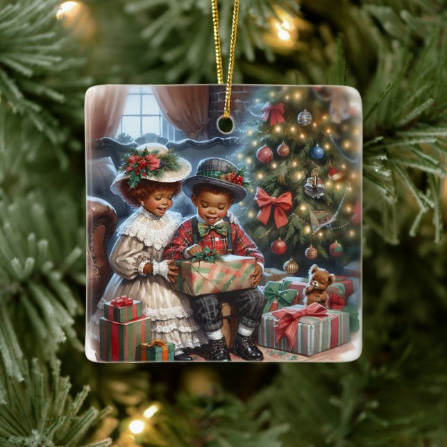 Vintage Kids Opening Christmas Presents  Ceramic Ornament (Tree)