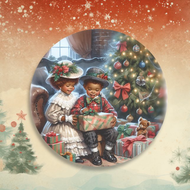 Vintage Kids Opening Christmas Presents  Classic Round Sticker (Creator Uploaded)