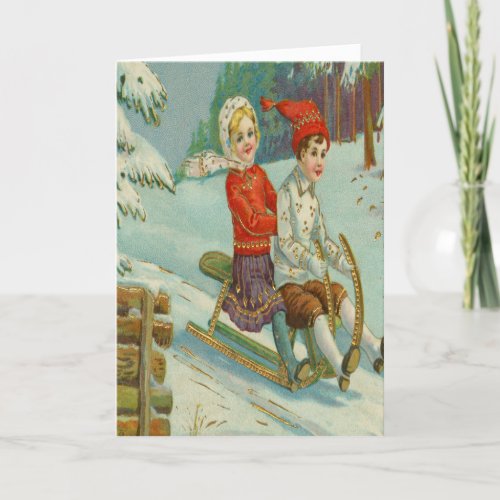 Vintage Kids Sledding Snowy Hill Evergreens Fun Holiday Card