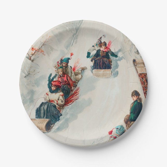 Vintage Kids Sledding Winter Christmas Party Paper Plates (Front)