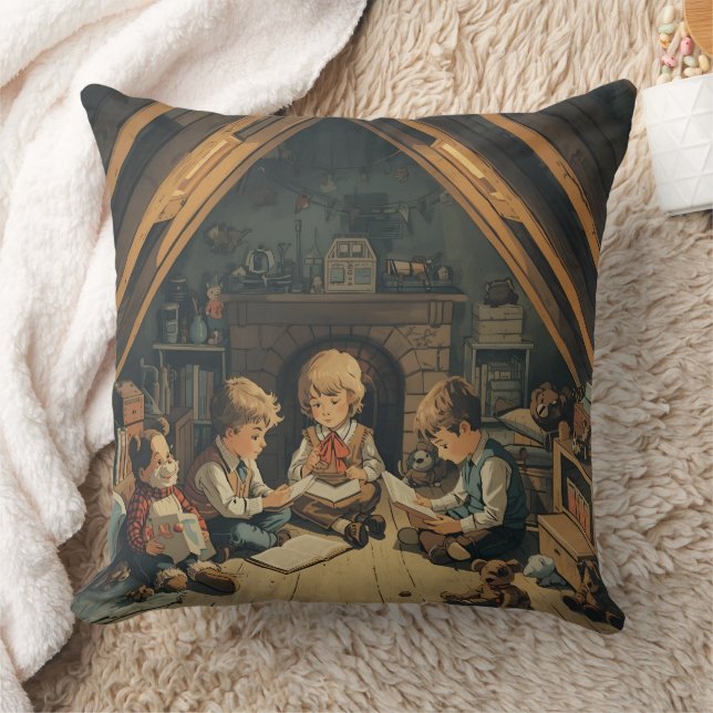 Vintage Kids Studying Throw Pillow (Blanket)