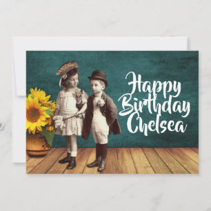 Vintage Kids & Sunflower Personalized Birthday Card