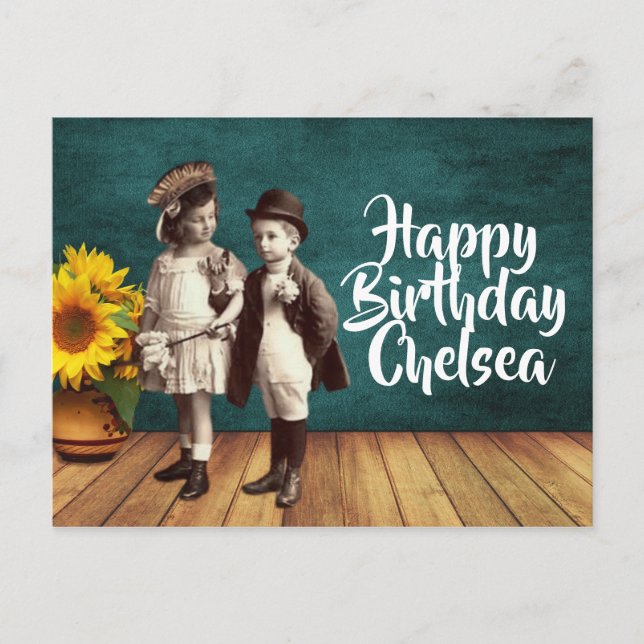 Vintage Kids & Sunflower Personalized Birthday Postcard (Front)