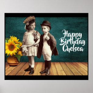 Vintage Kids & Sunflower Personalized Birthday Poster