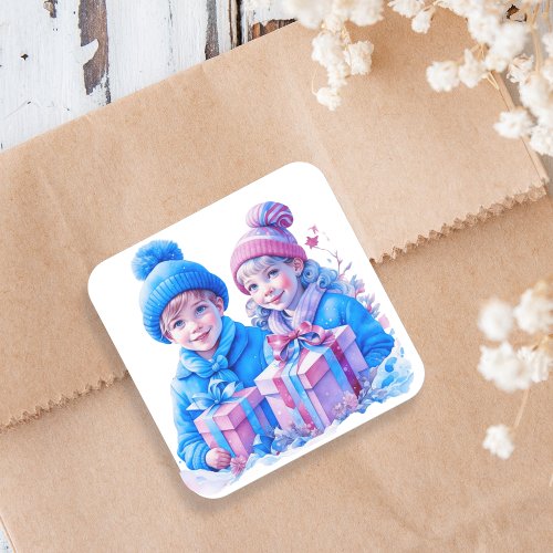 Vintage Kids with Blue and Pink Christmas Square Sticker