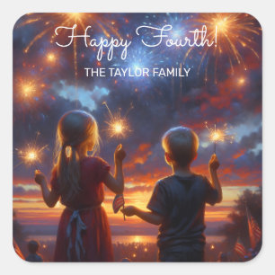 Vintage Kids with Sparklers July 4th Personalized Square Sticker