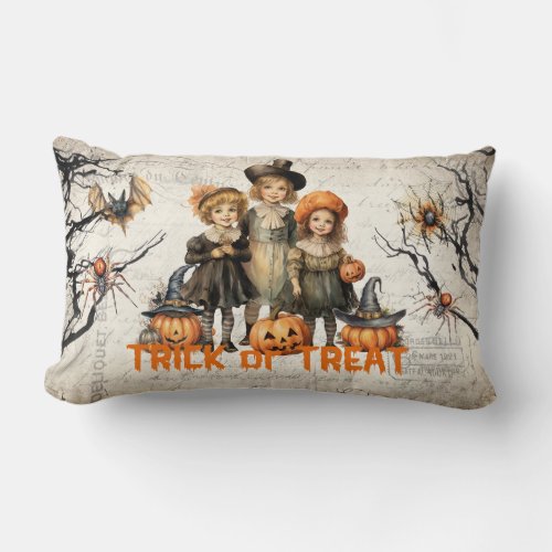 Vintage kids with traditional Halloween costume Lumbar Pillow