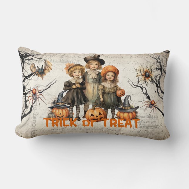 Vintage kids with traditional Halloween costume Lumbar Pillow (Front)