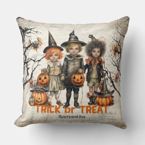 Vintage kids with traditional Halloween costumes Throw Pillow