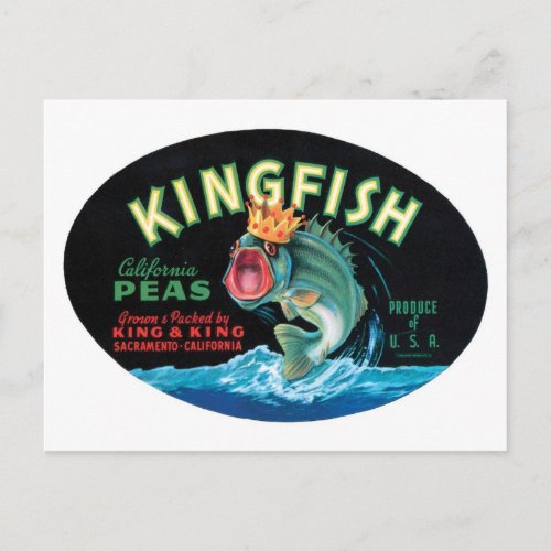 Vintage Kingfish Peas Crate Label Postcard