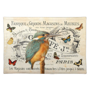 Vintage Kingfisher & Butterflies French Ad Cloth Placemat