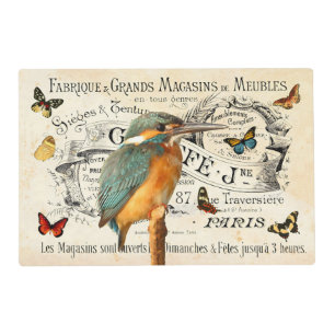 Vintage Kingfisher & Butterflies French Ad Placemat