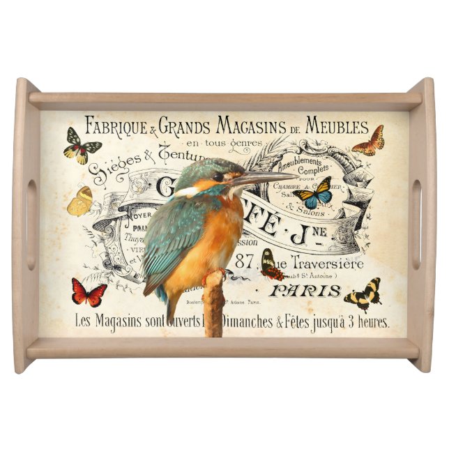 Vintage Kingfisher & Butterflies French Ad Serving Tray (Front)