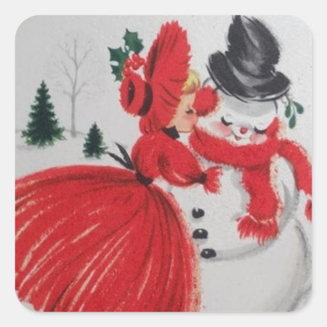 Vintage Kissing A Snowman Square Sticker (Front)