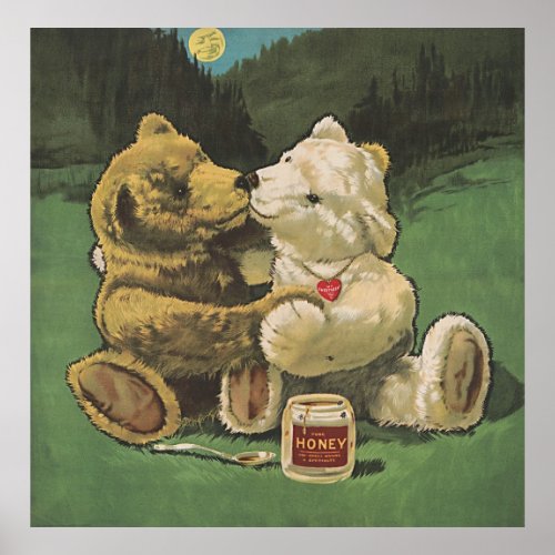 Vintage Kissing Cuddly Honey Bears Poster