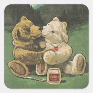 Vintage Kissing Cuddly Honey Bears Square Sticker