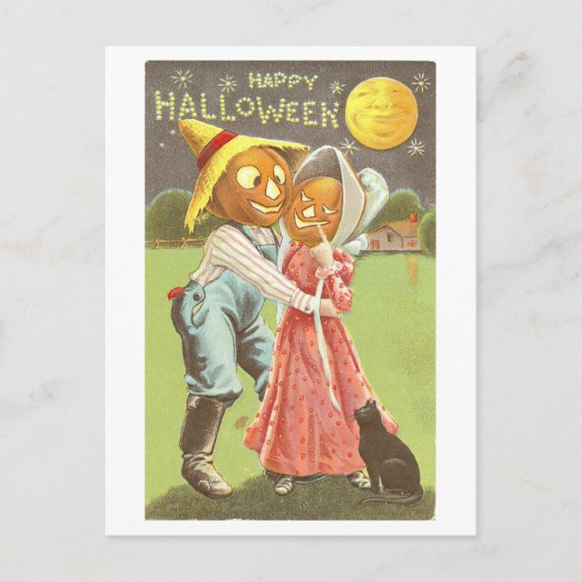 Vintage Kissing Pumpkins Halloween Postcard (Front)