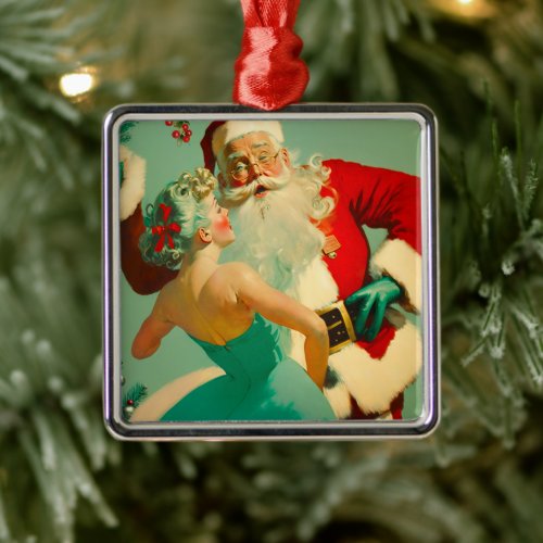 Vintage Kissing Santa Claus Blue Christmas  Metal Ornament