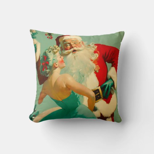 Vintage Kissing Santa Claus Blue Christmas   Throw Pillow