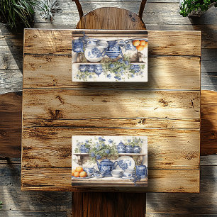 Vintage Kitchen Blue White Teapot Dishes Oranges Placemat