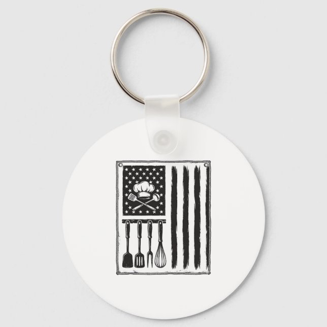 Vintage Kitchen Flag Cooking Utensils Shirt Design Keychain (Front)
