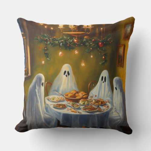 Vintage Kitchen Ghosts Christmas Feast  Painting Throw Pillow