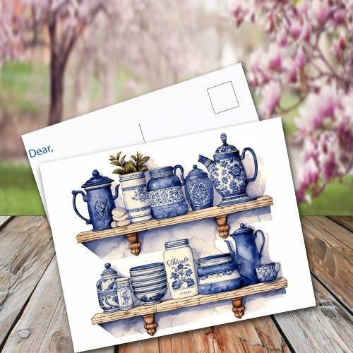 Vintage Kitchen Shelf Blue White Dishes Tea Coffee Postcard
