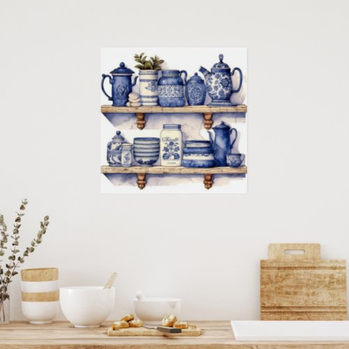 Vintage Kitchen Shelf Blue White Dishes Tea Coffee Poster