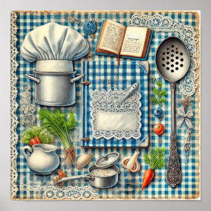 Vintage Kitchen Supplies on Blue Tablecloth Poster
