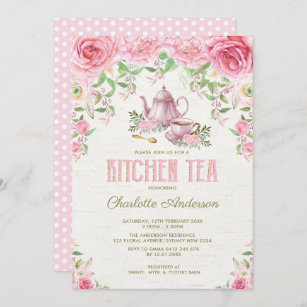 Vintage Kitchen Tea Pink Floral Roses Shower Invitation
