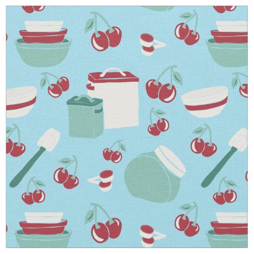 Vintage Kitchen Tools and Cherries Light Blue Red Fabric