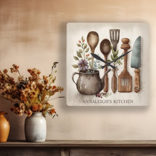 Vintage Kitchen Utensils Country Farmhouse Name  Square Wall Clock