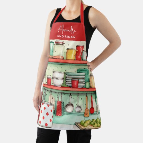 Vintage Kitchen Watercolor Red Script Name Apron