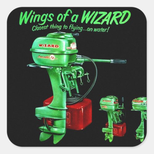 Vintage Kitsch Fishing Wizard Outboard Motor Square Sticker