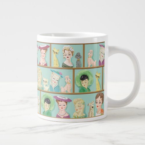 Vintage Kitsch Lady Head Vases with Cats and Dogs Giant Coffee Mug